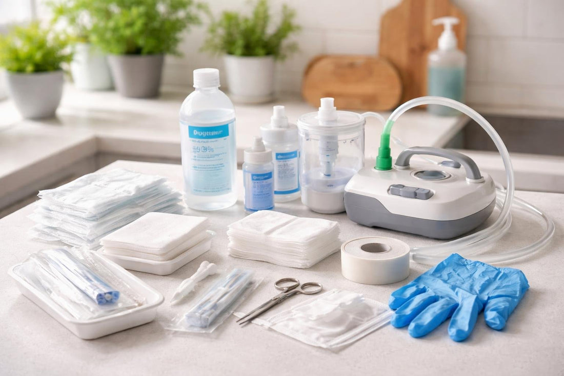 Budget tracheostomy care kit items laid out for home use