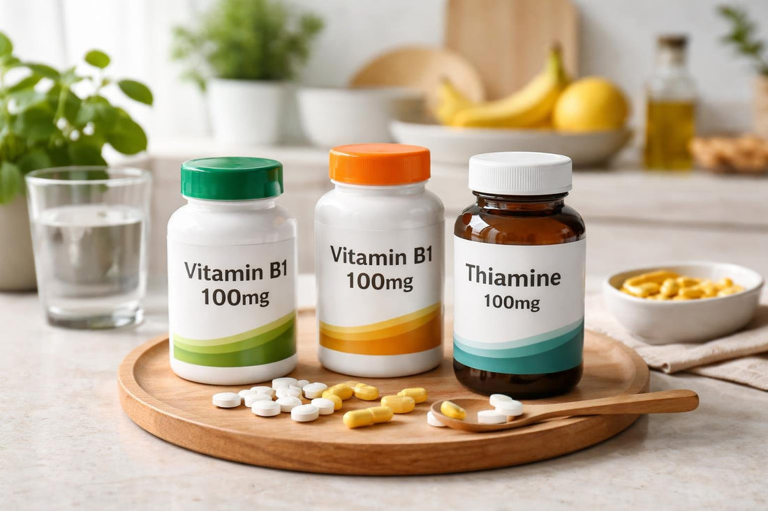 Budget vitamin B1 thiamine tablets and capsules on table