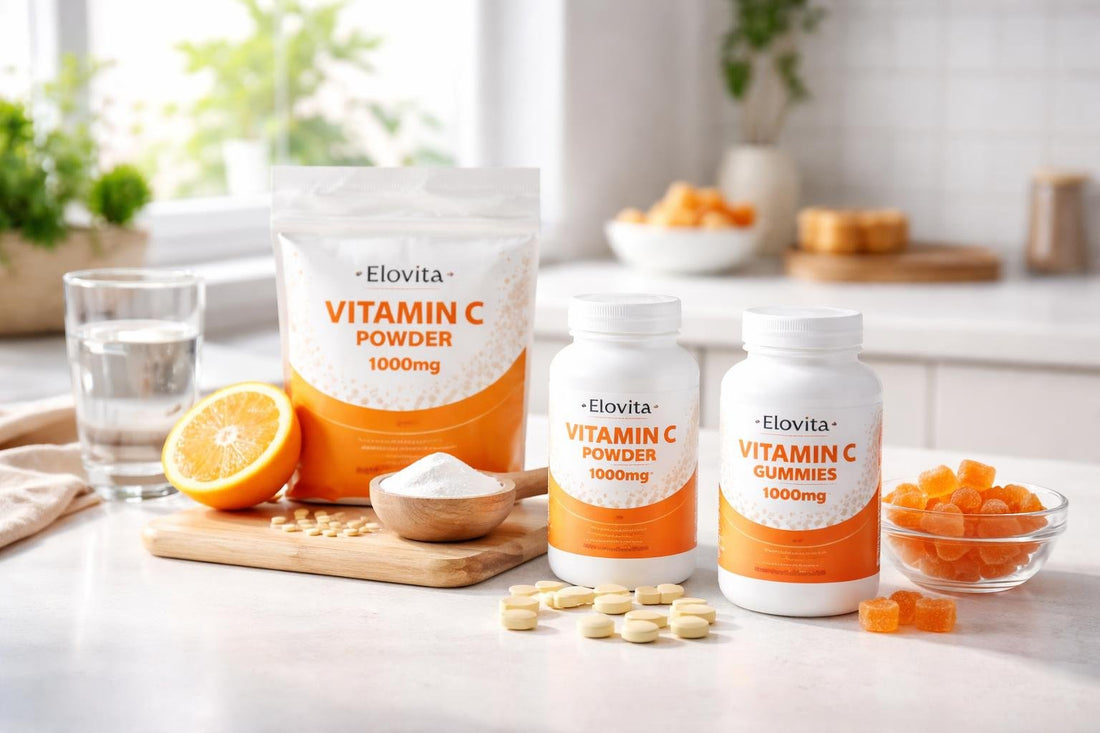 Budget-friendly vitamin C tablets gummies and powder on table