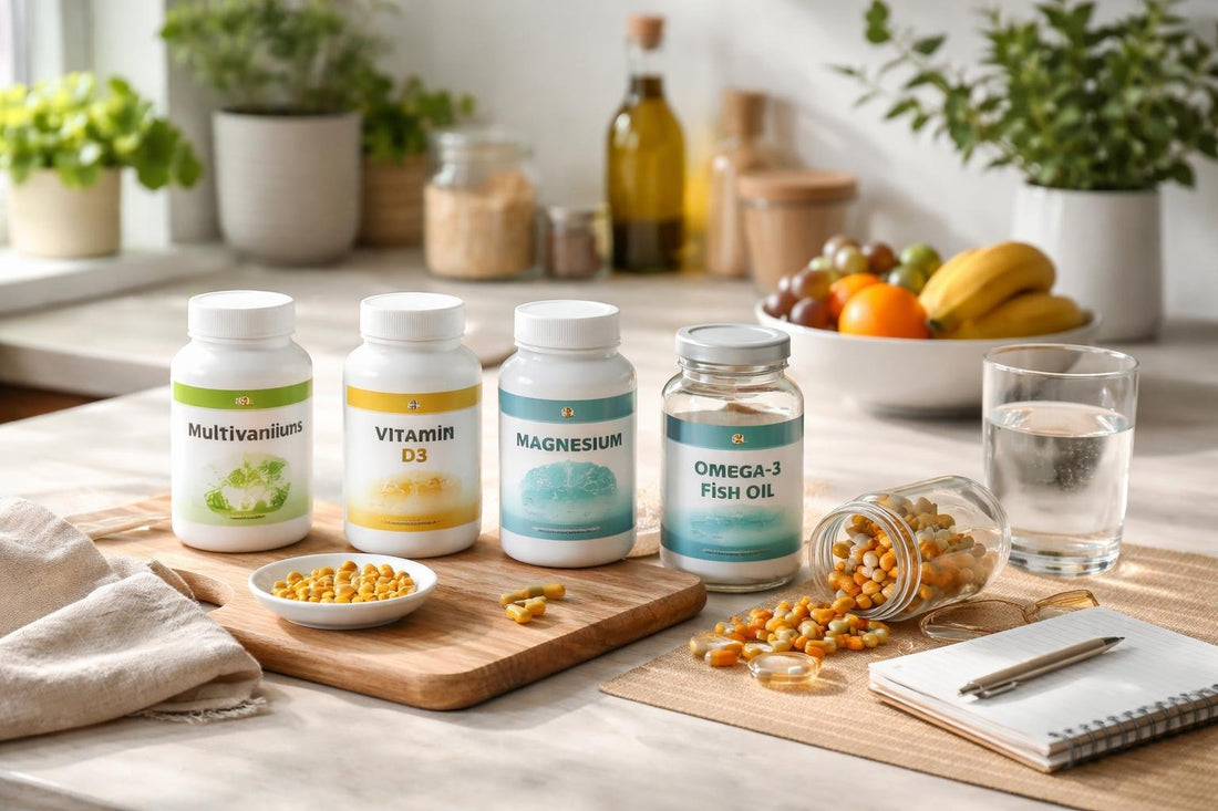 Budget-friendly vitamins and supplements on a UK kitchen table