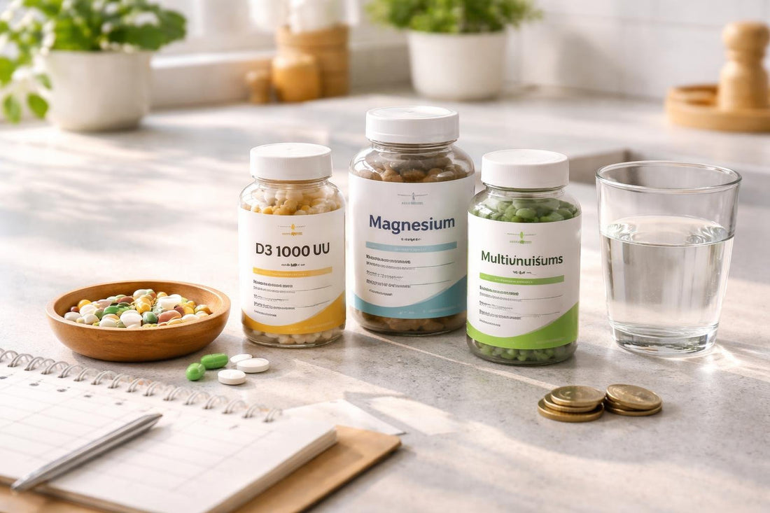 Budget-friendly vitamins arranged with daily planner and water