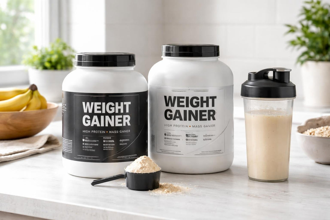 Tubs of sports weight gainer powder and shaker bottle