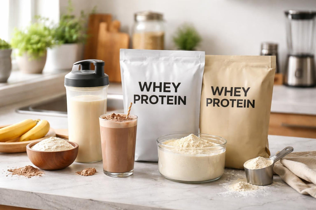 Budget whey protein powder shakes and scoops on kitchen counter