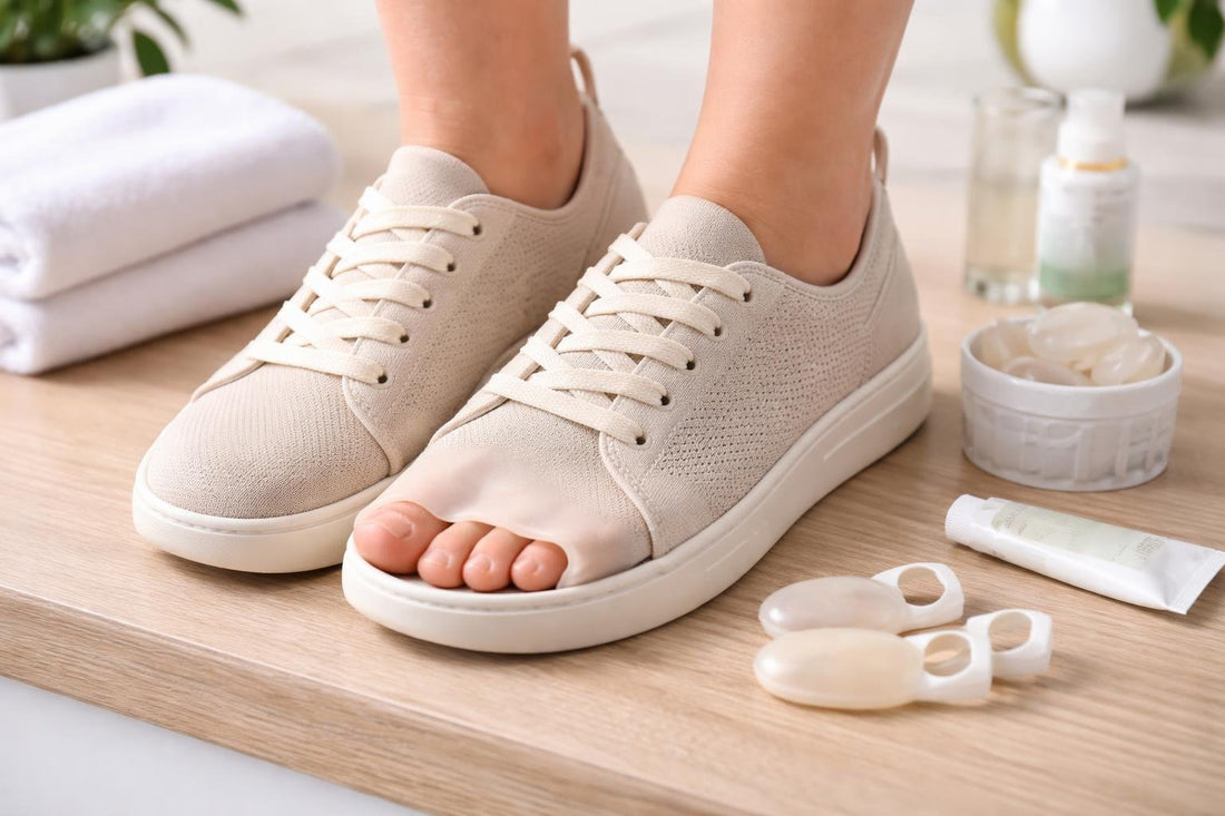 Wide feet bunion cushion pads showing fit in shoe