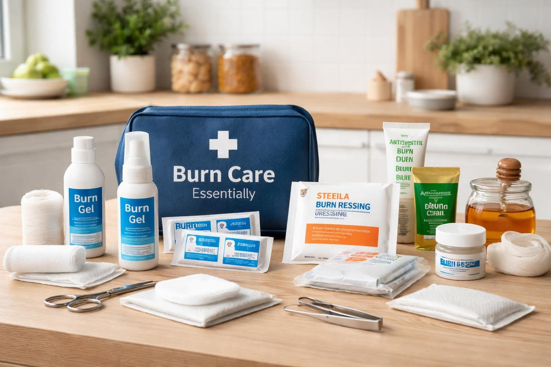 Assorted burn care kit items and dressings