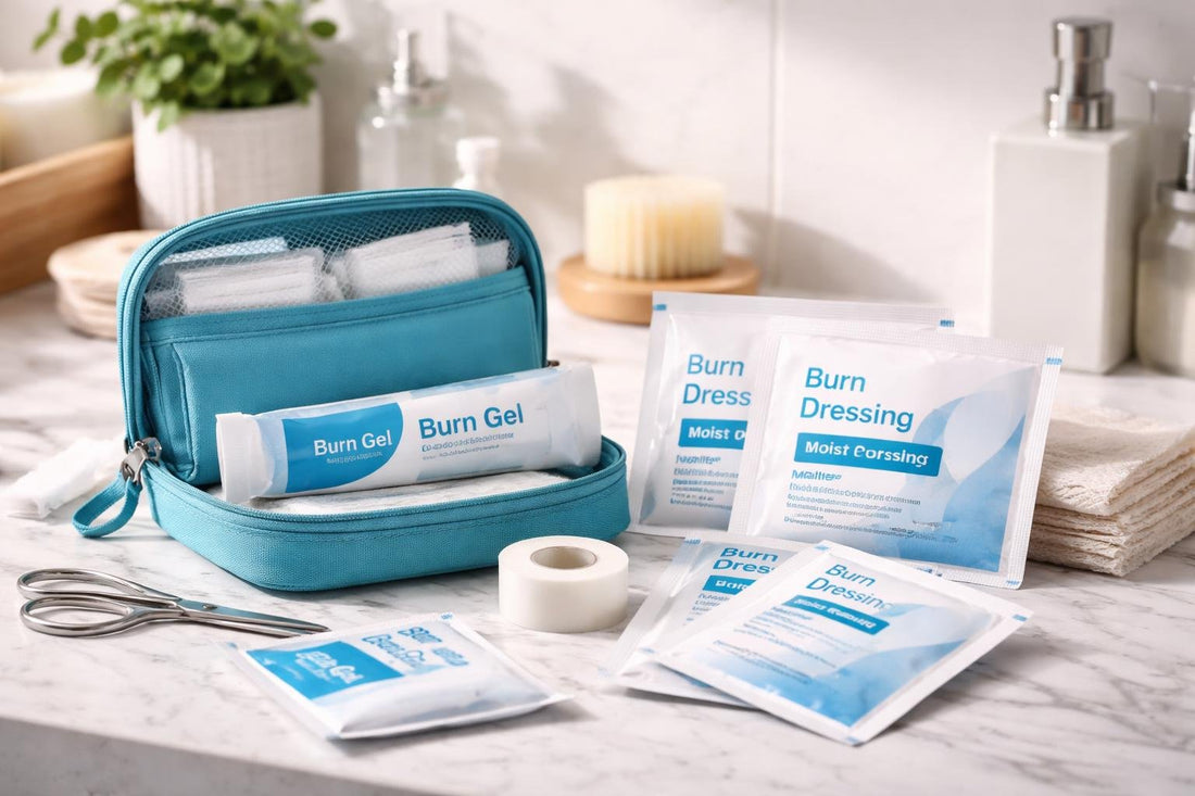 compact burn care kit with creams and sterile dressings