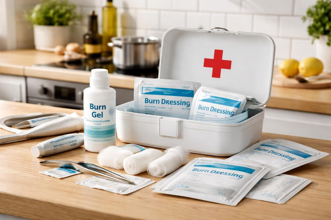 kitchen burn first aid kit and dressings closeup