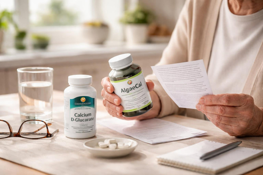 senior holding calcium supplements and information leaflet