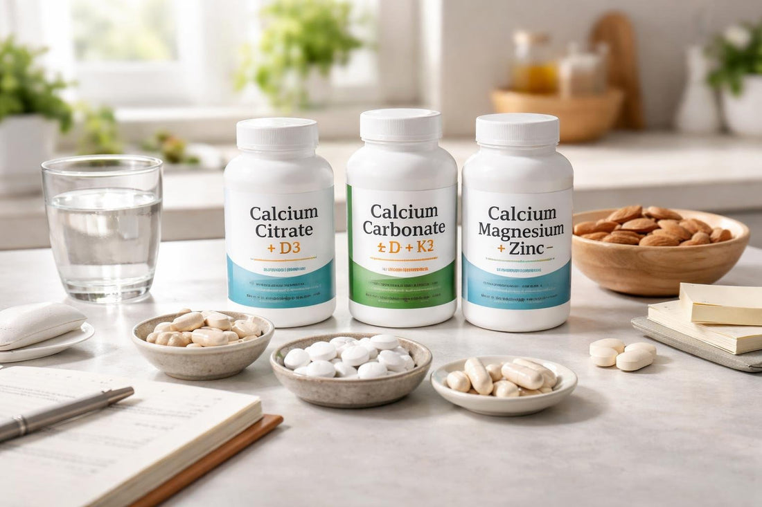 Assorted calcium supplement types with label vs notes