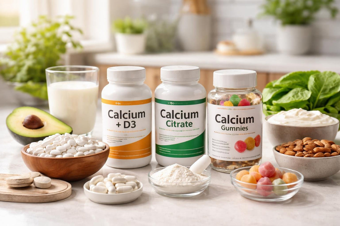 Assorted calcium supplements and alternatives on table
