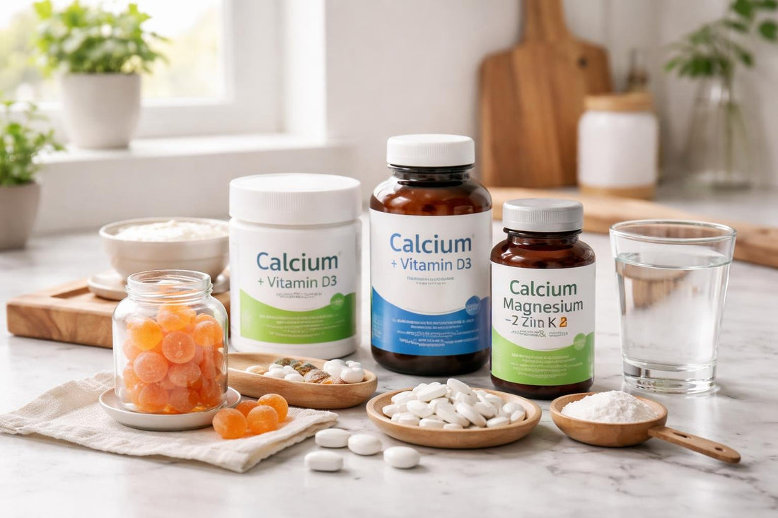 assorted calcium supplements: gummies, tablets and bottles