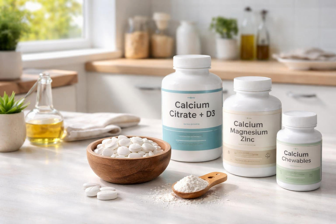 Selection of calcium supplement bottles and measuring spoon