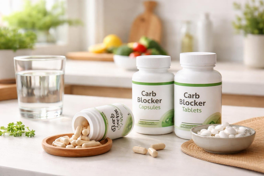 Carbohydrate blocker capsules and tablets on kitchen counter