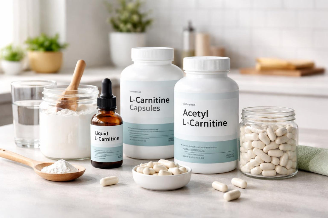 Assorted carnitine supplements, powders and capsules on a table