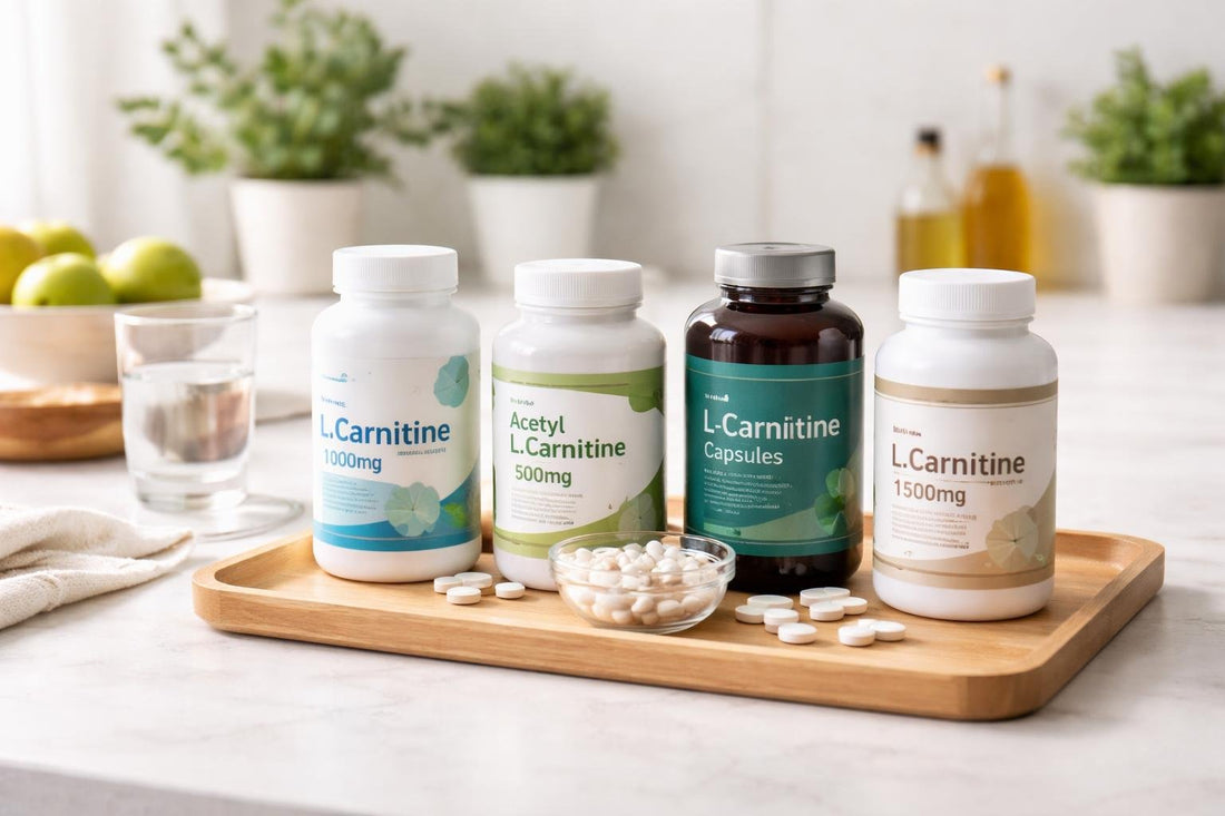 Assorted carnitine supplement bottles and tablets