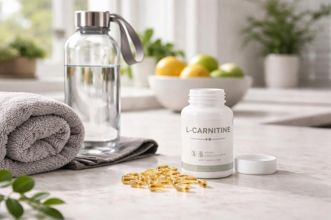 Carnitine supplement capsules beside gym towel and water bottle