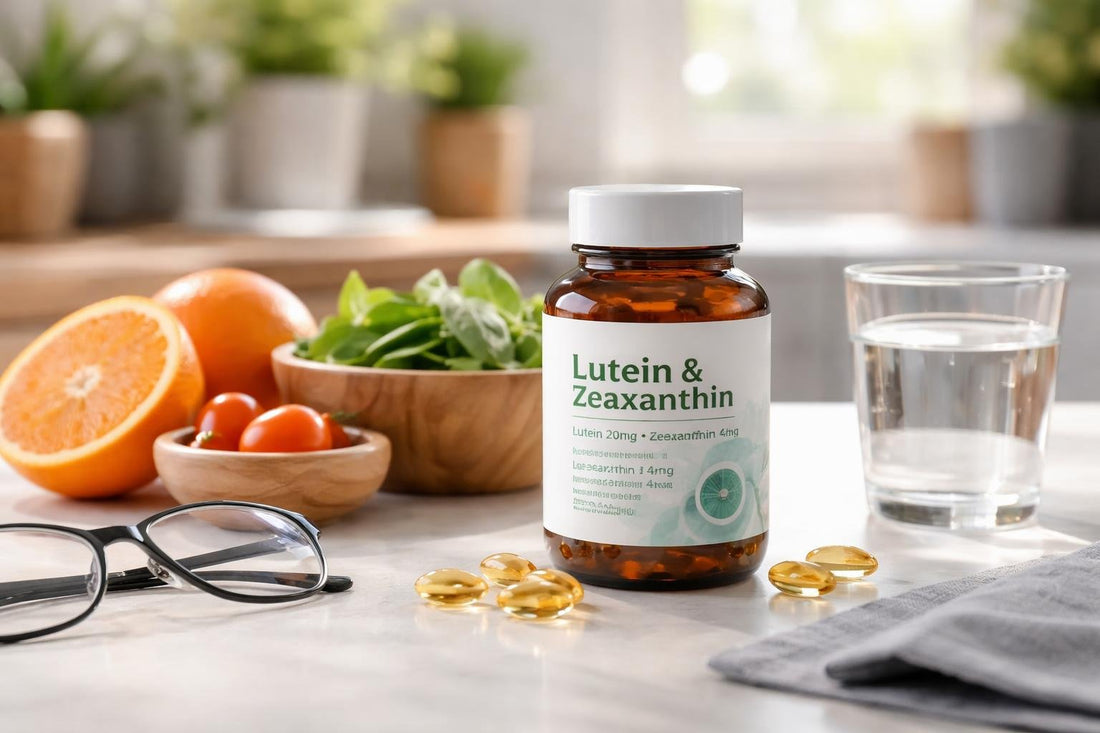 bottle of carotenoid eye health supplements on table