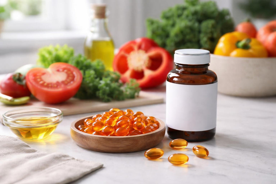 Carotenoid supplement capsules with colourful vegetables on table