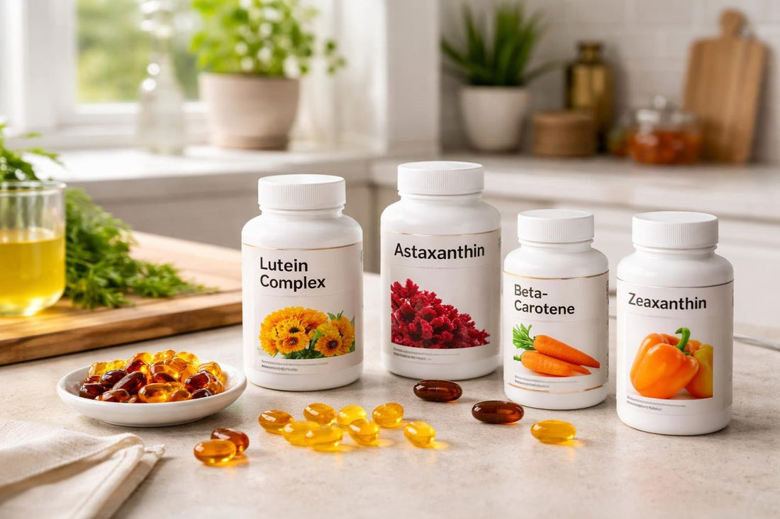 assorted carotenoid supplement bottles and softgels