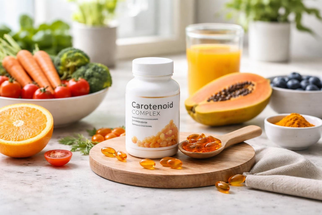 Carotenoid nutrition supplements with colourful fruit and vegetables