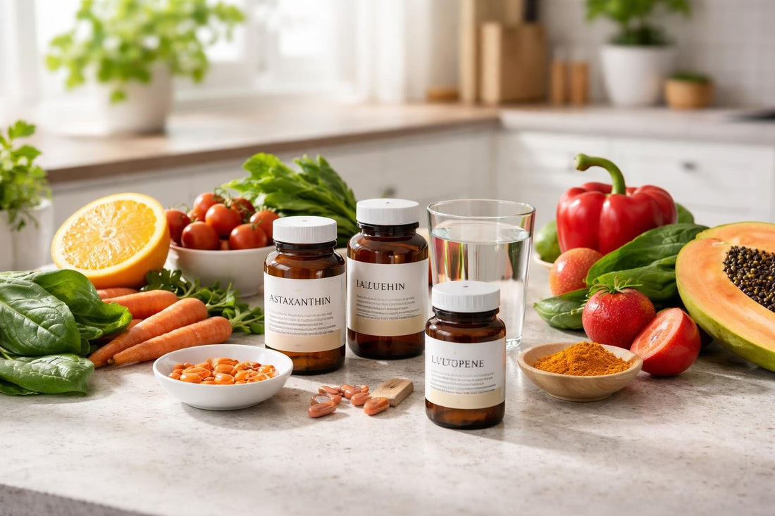 Carotenoid nutrition supplements with colourful fruit and veg