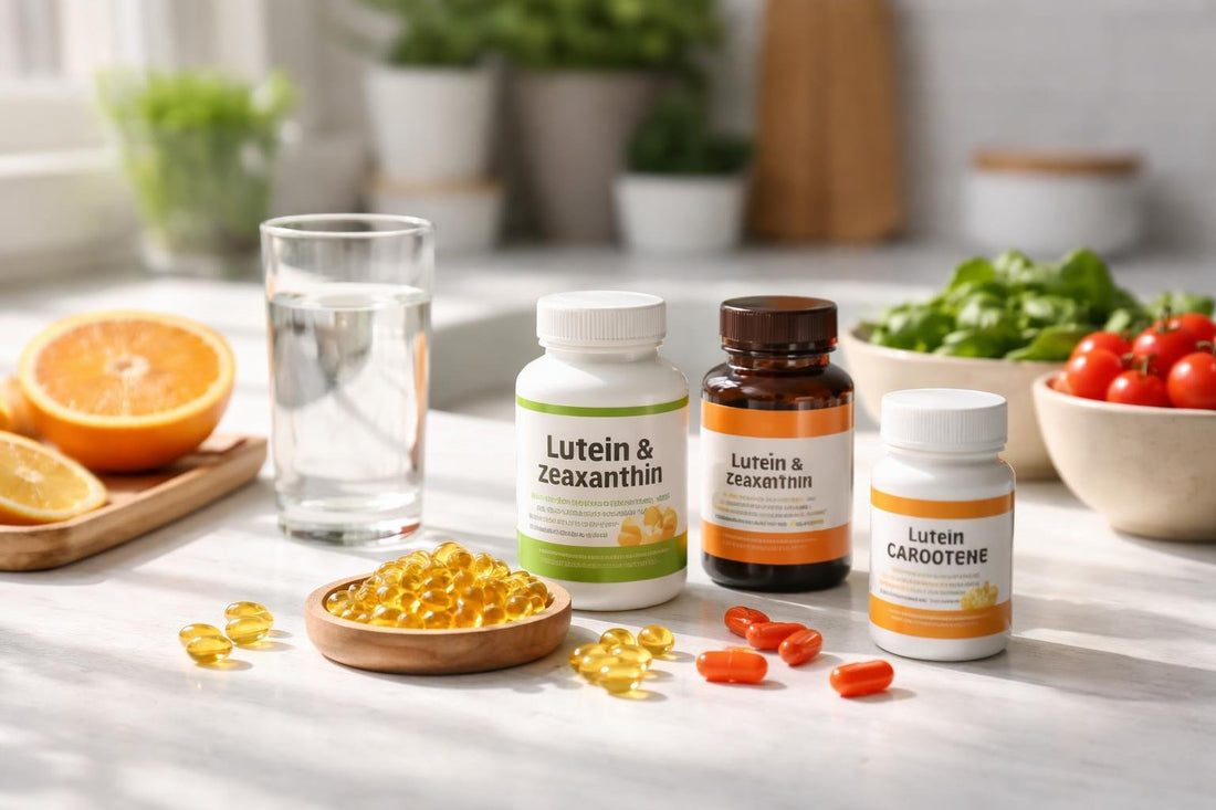 Bottles and capsules of carotenoid supplements on table