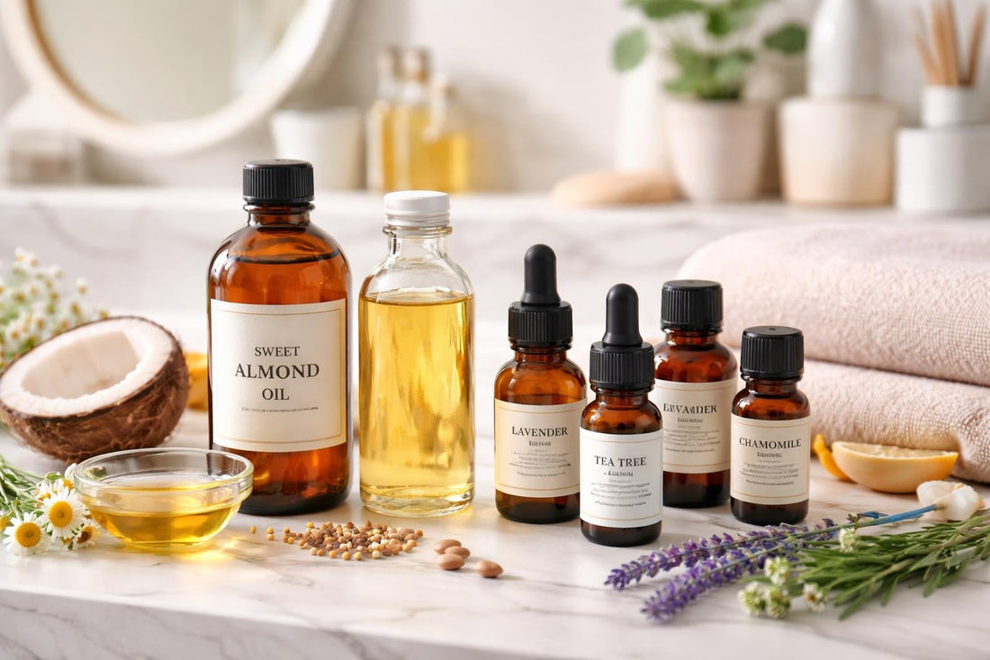 bottles of carrier and essential oils for massage