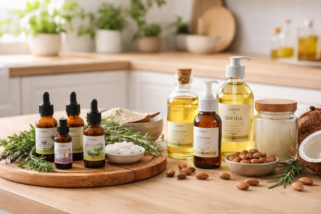 selection of carrier and essential oils on wooden surface