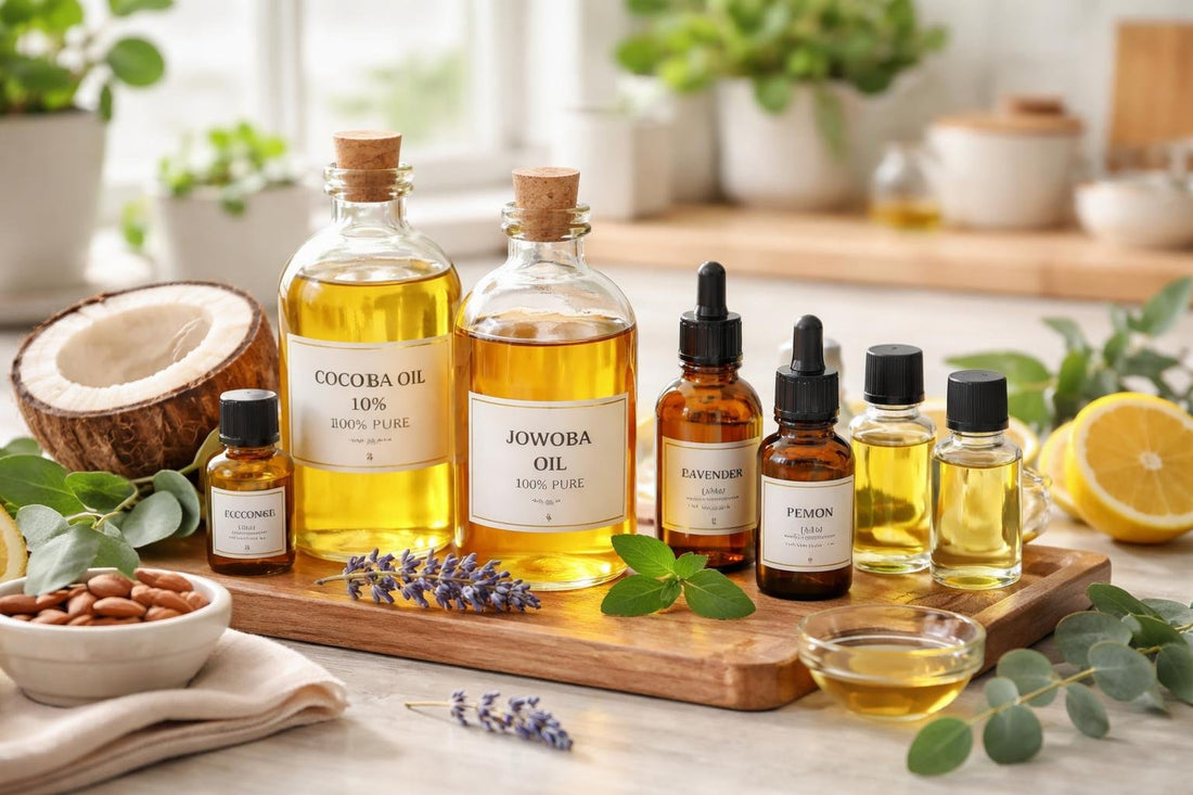 bottles of carrier and essential oils UK