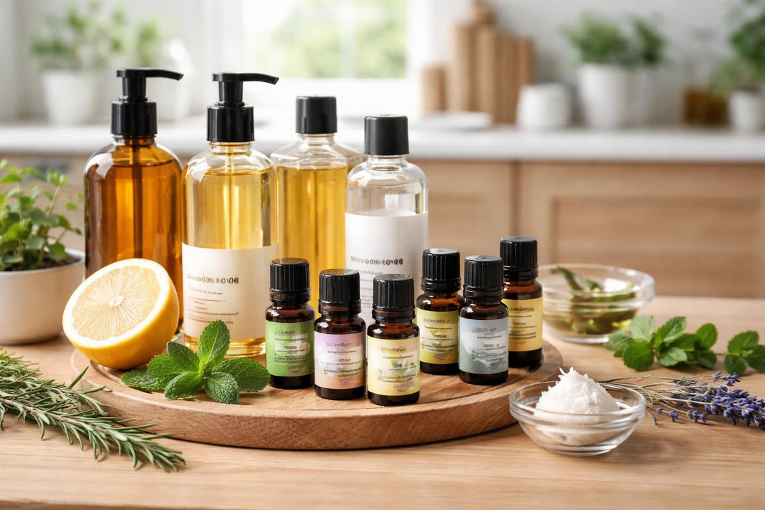 bottles of carrier and essential oils on wood