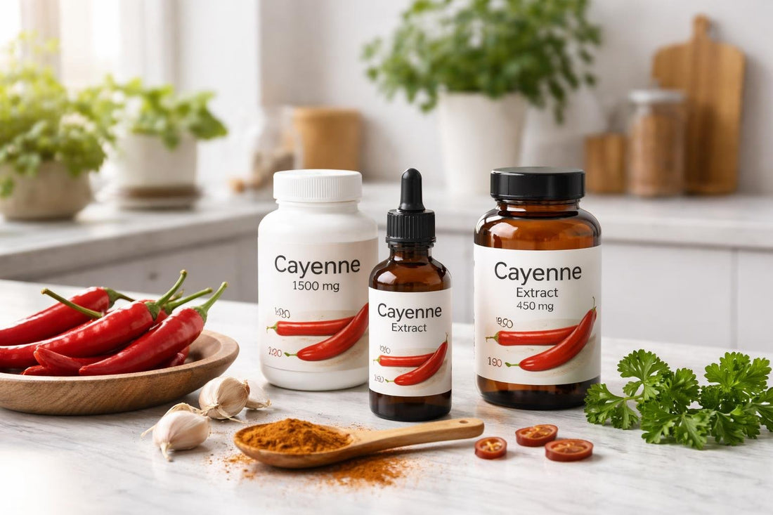 Cayenne supplement bottles and ingredient close-up