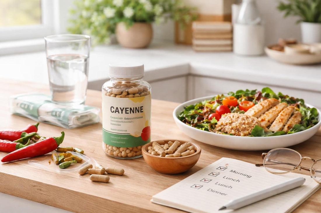 Cayenne herbal supplement capsules with meal timing notes
