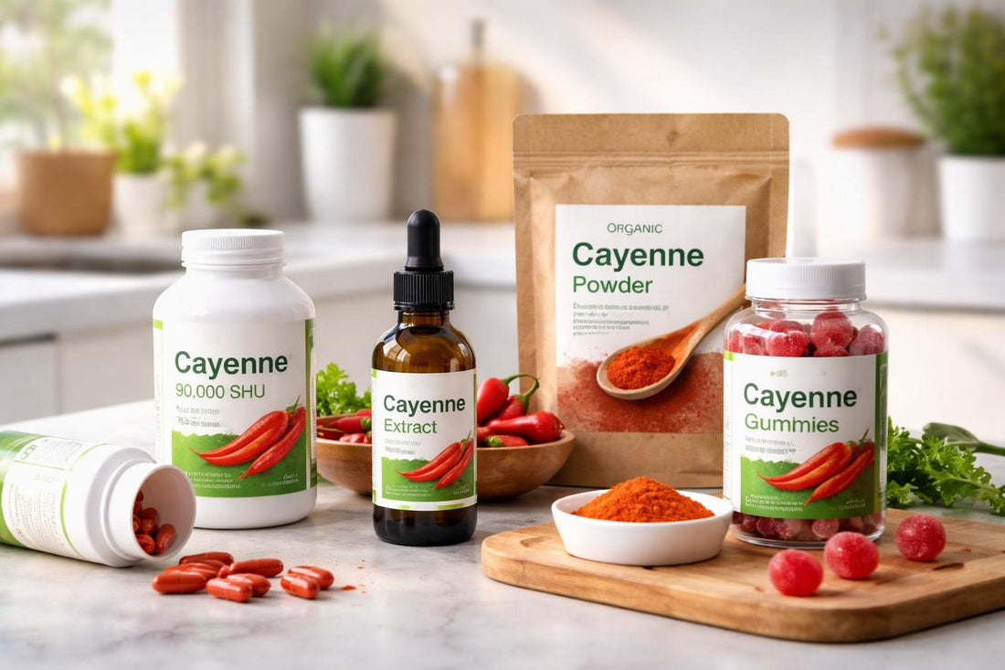 Assorted cayenne herbal supplements bottles and gummies