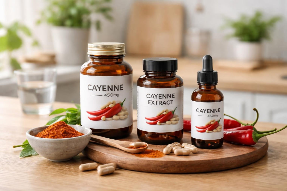 Bottles of cayenne herbal supplements on wooden table