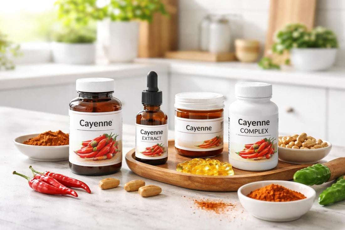 Assorted cayenne supplements including capsules and drops