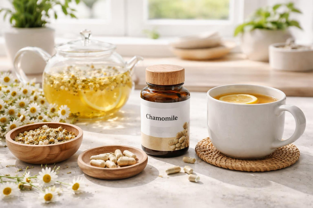 Chamomile tea and capsules for seasonal relaxation routine