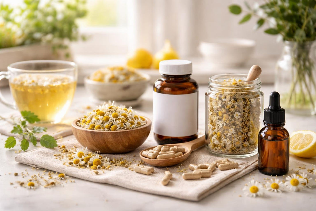 Chamomile supplements, dried flowers, tincture and capsules