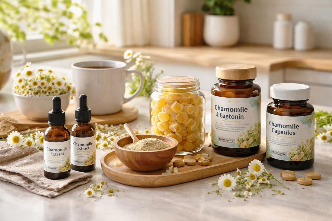 Chamomile supplements, powder, tinctures and gummies for sleep