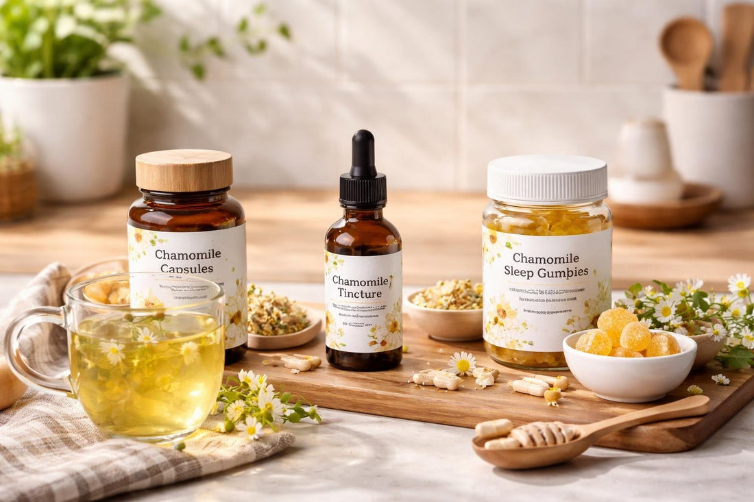 Chamomile herbal supplements and tea for calm sleep