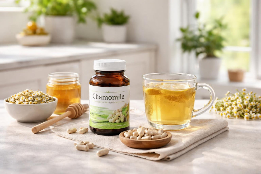 Chamomile herbal supplements and tea for restful sleep