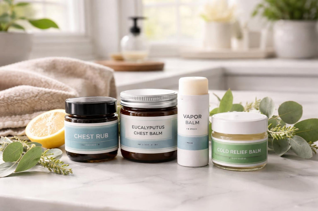 Varied chest rub jars and balm sticks on table