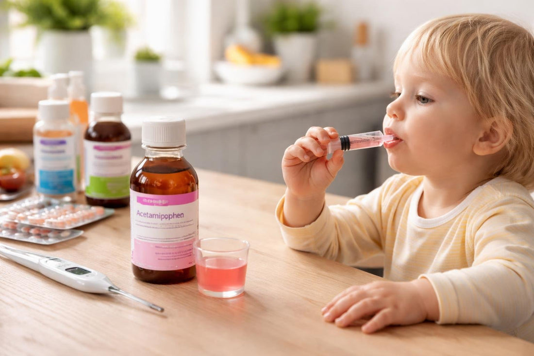 toddler taking liquid acetaminophen with syringe