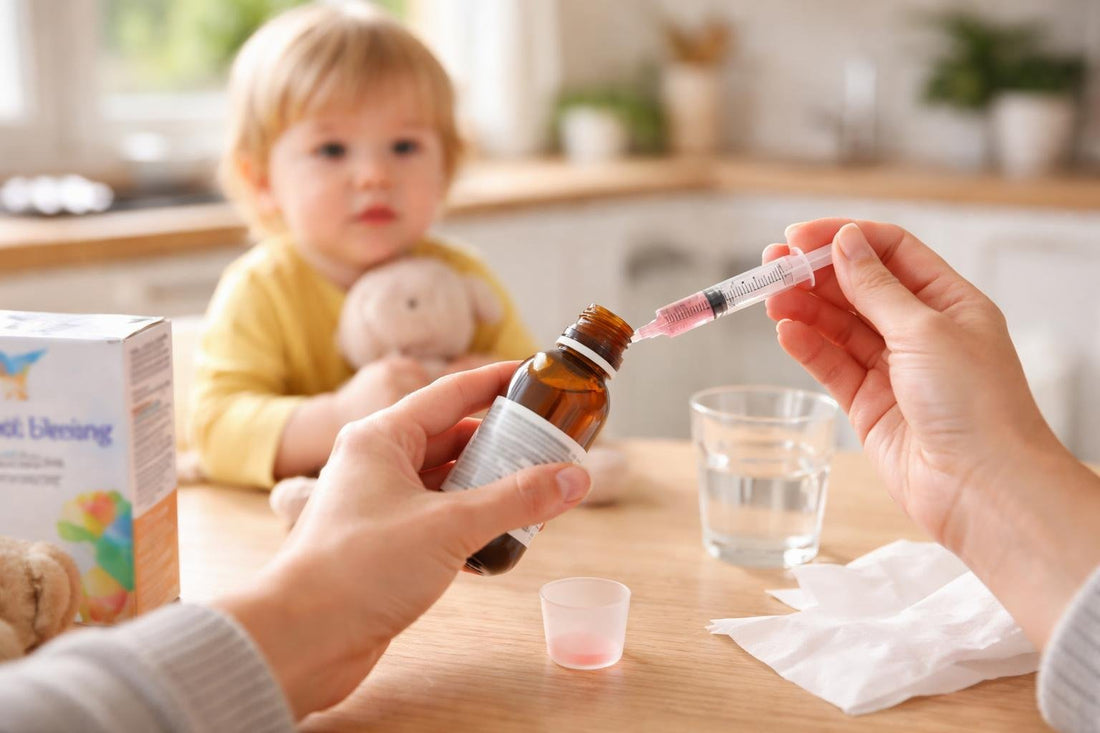 Parent measuring child allergy medicine dose with oral syringe