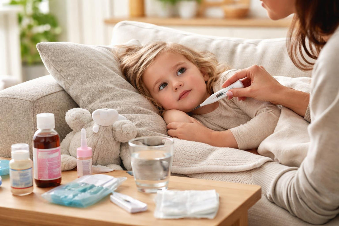Parent using digital thermometer for child with fever