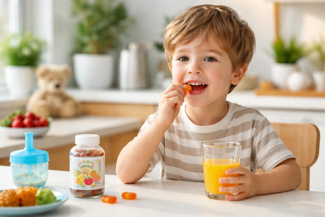 Child taking chewable children's multivitamin at table