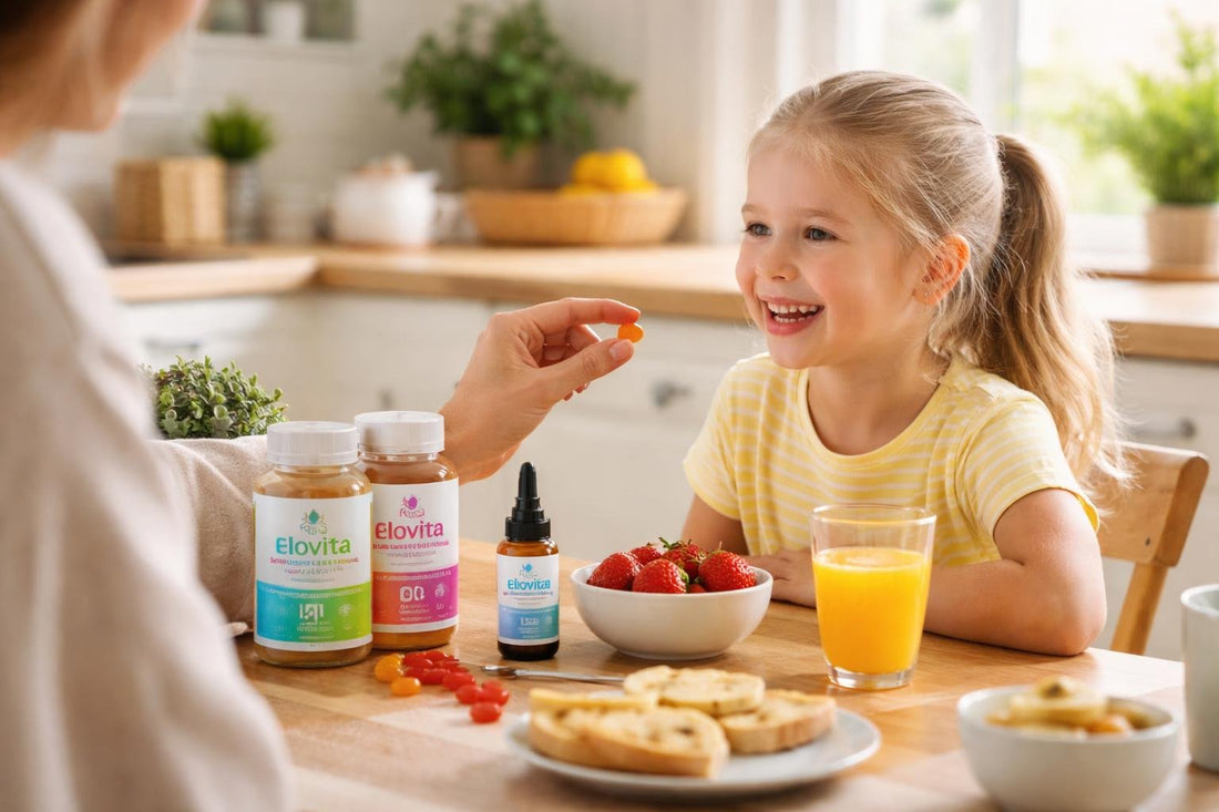 Parent giving child vitamins during a calm breakfast routine