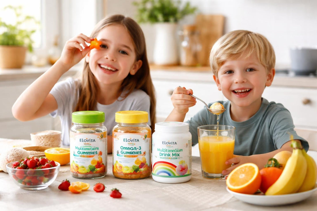 children holding vitamin gummies and powder