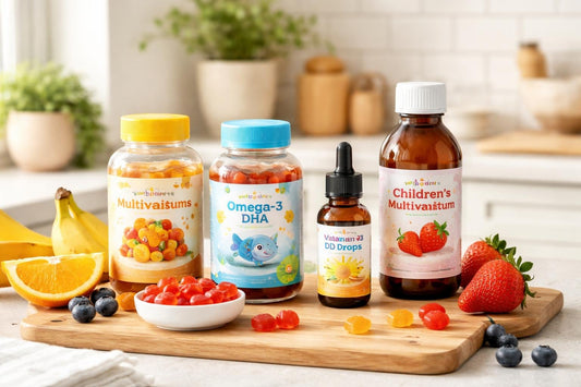 Children's vitamin bottles, gummies and drops for toddlers