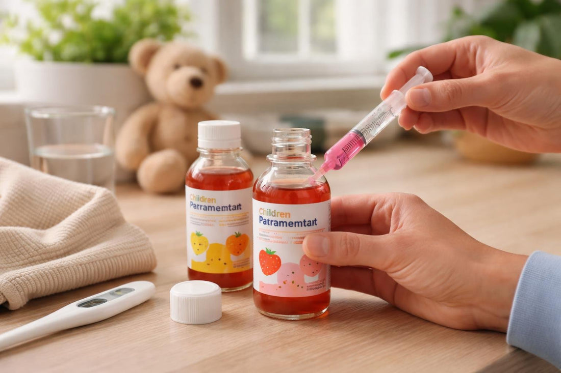 Parent measuring children’s liquid acetaminophen with oral syringe