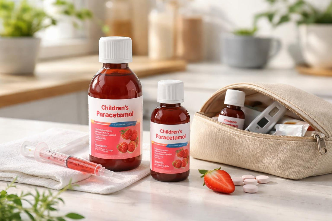 Children’s acetaminophen bottles with syringe and travel pouch